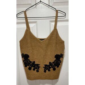 Express Y2K Women's Medium Camel Knit Cropped Tank Top Black Floral Embroidery